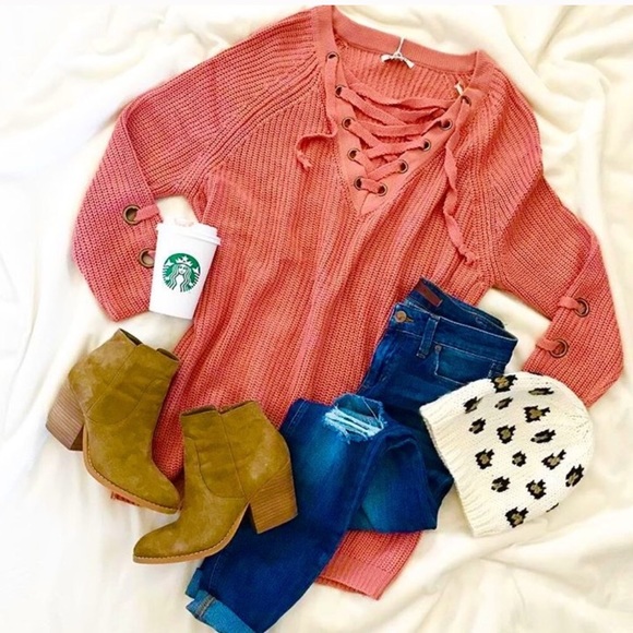 Burnt Orange Lace-Up Chunky Sweater - Picture 5 of 6